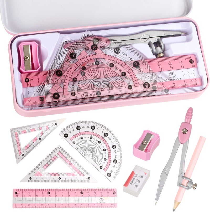 Arcjunys Compass Geometry Tool Protractor and Compass Set with Metal Box Drawing Compass with Rulers Math Compass Kit for Class Supplies and School 8 Piece - Image 1